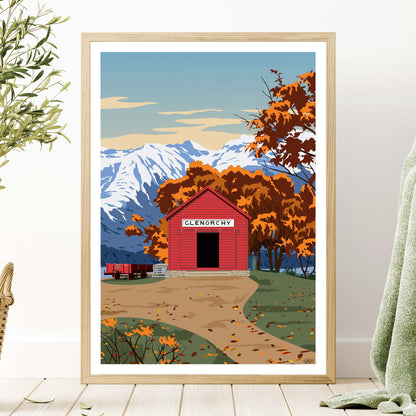 Glenorchy Red Shed Autumn Travel Poster, New Zealand