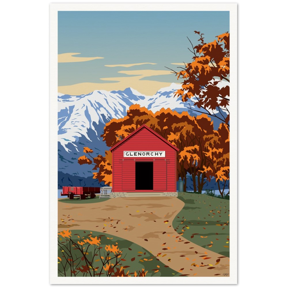 Glenorchy Red Shed Autumn Travel Poster, New Zealand