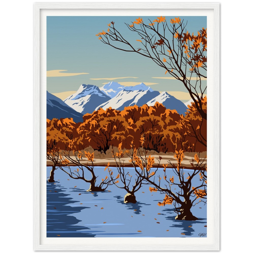 Glenorchy Willow Trees Autumn Travel Poster, New Zealand