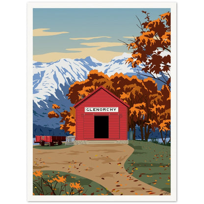 Glenorchy Red Shed Autumn Travel Poster, New Zealand