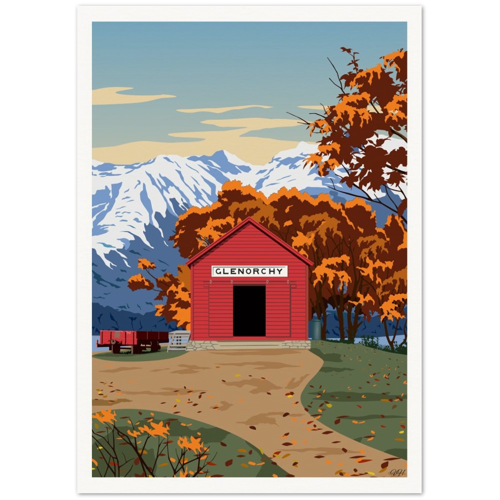 Glenorchy Red Shed Autumn Travel Poster, New Zealand