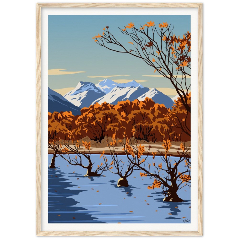 Glenorchy Willow Trees Autumn Travel Poster, New Zealand